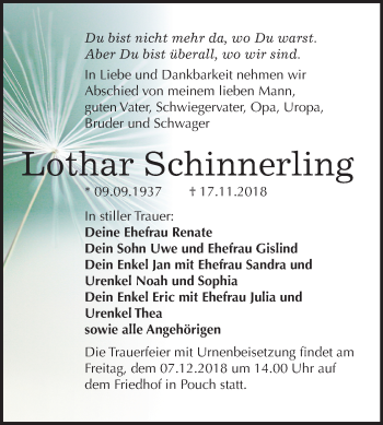 Traueranzeige von Lothar Schinnerling von Mitteldeutsche Zeitung Bitterfeld