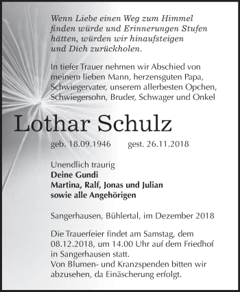 Traueranzeige von Lothar Schulz von Super Sonntag SGH Mansf. Land