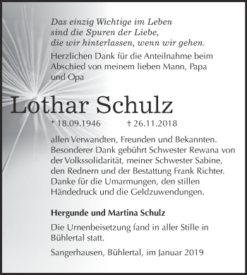Traueranzeige von Lothar Schulz von Super Sonntag SGH Mansf. Land
