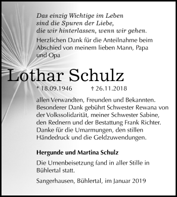 Traueranzeige von Lothar Schulz von Mitteldeutsche Zeitung Sangerhausen