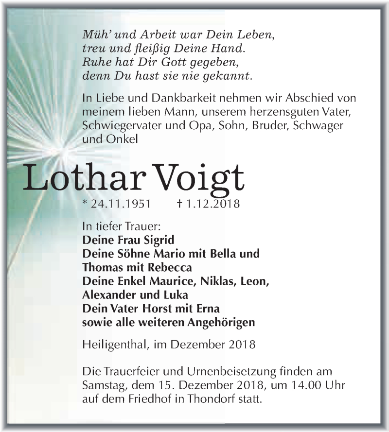  Traueranzeige für Lothar Voigt vom 08.12.2018 aus Super Sonntag SGH Mansf. Land