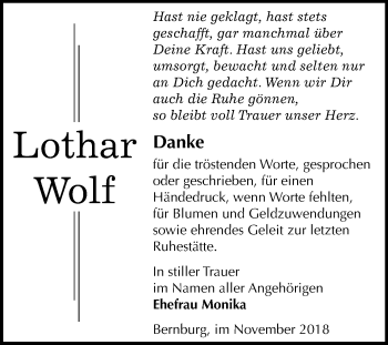 Traueranzeige von Lothar Wolf von Mitteldeutsche Zeitung Bernburg