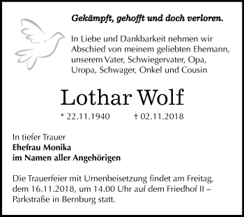 Traueranzeige von Lothar Wolf von Mitteldeutsche Zeitung Bernburg