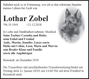 Traueranzeige von Lothar Zobel von Super Sonntag Aschersleben