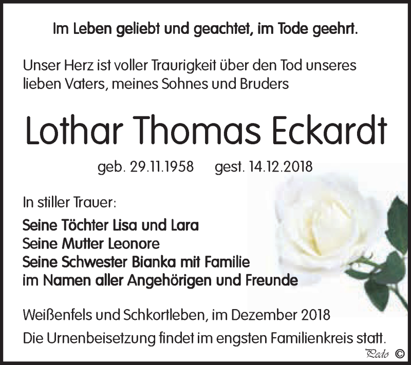  Traueranzeige für Lothar Thomas Eckardt vom 31.12.2018 aus WVG - Wochenspiegel NMB / WSF / ZTZ