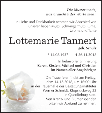 Traueranzeige von Lottemarie Tannert von Mitteldeutsche Zeitung Quedlinburg