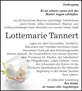 Traueranzeige von Lottemarie Tannert von Mitteldeutsche Zeitung Quedlinburg