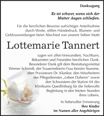 Traueranzeige von Lottemarie Tannert von WVG - Wochenspiegel Quedlinburg