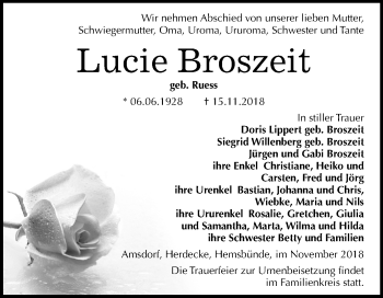 Traueranzeige von Lucie Broszeit von Mitteldeutsche Zeitung Mansfelder Land