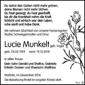 Traueranzeige von Lucie Munkelt von Super Sonntag Zeitz