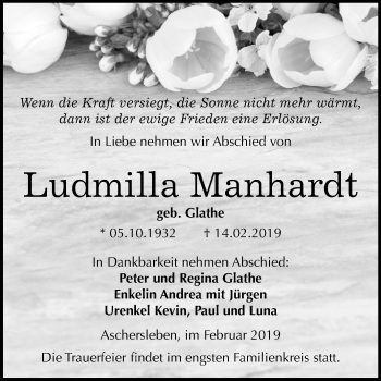 Traueranzeige von Ludmilla Manhardt von Mitteldeutsche Zeitung Aschersleben