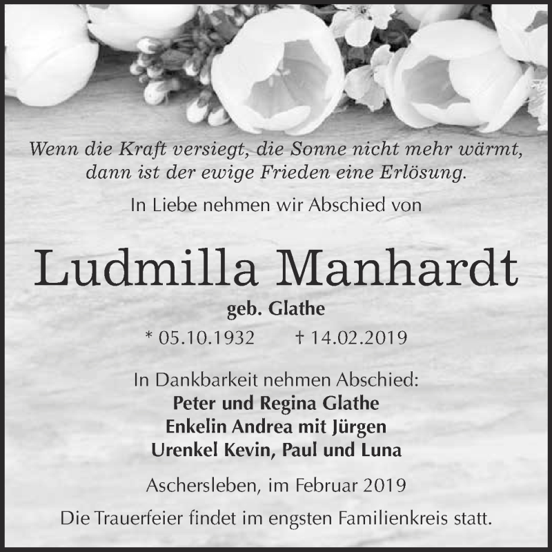  Traueranzeige für Ludmilla Manhardt vom 18.02.2019 aus Super Sonntag Aschersleben