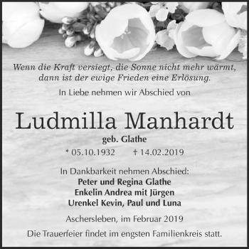 Traueranzeige von Ludmilla Manhardt von Super Sonntag Aschersleben