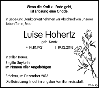 Traueranzeige von Luise Hohertz von Super Sonntag Zeitz
