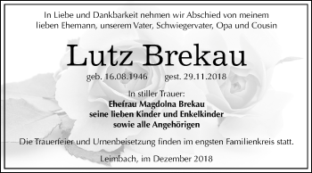 Traueranzeige von Lutz Brekau von Mitteldeutsche Zeitung Mansfelder Land
