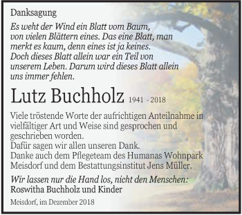 Traueranzeige von Lutz Buchholz von Super Sonntag Aschersleben