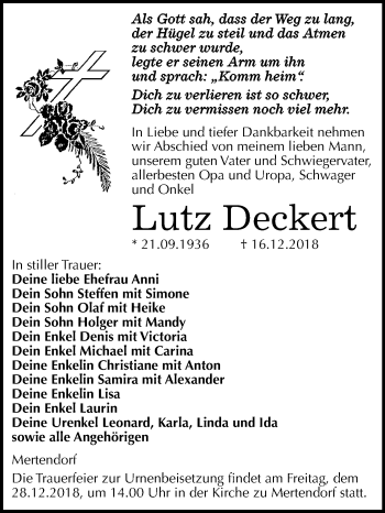 Traueranzeige von Lutz Deckert von Mitteldeutsche Zeitung Naumburg/Nebra