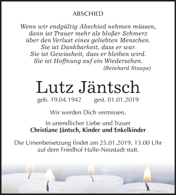Traueranzeige von Lutz Jäntsch von Mitteldeutsche Zeitung Halle/Saalkreis