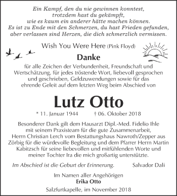 Traueranzeige von Lutz Otto von WVG - Wochenspiegel Bitterfeld