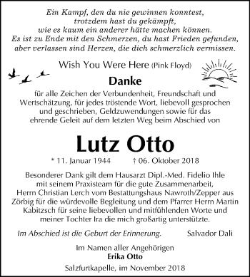 Traueranzeige von Lutz Otto von Mitteldeutsche Zeitung Bitterfeld