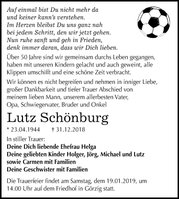 Traueranzeige von Lutz Schönburg von WVG - Wochenspiegel Dessau / Köthen