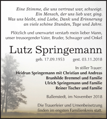 Traueranzeige von Lutz Springemann von Mitteldeutsche Zeitung Quedlinburg