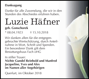Traueranzeige von Luzie Häfner von WVG - Wochenspiegel Merseburg