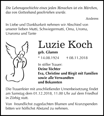 Traueranzeige von Luzie Koch von Mitteldeutsche Zeitung Bitterfeld