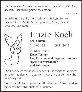 Traueranzeige von Luzie Koch von WVG - Wochenspiegel Bitterfeld