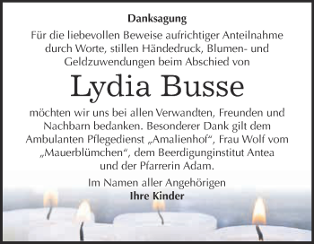 Traueranzeige von Lydia Busse von WVG - Wochenspiegel Dessau / Köthen