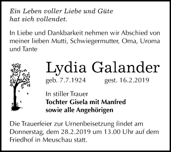 Traueranzeige von Lydia Galander von Mitteldeutsche Zeitung