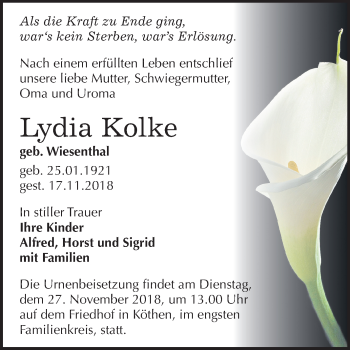 Traueranzeige von Lydia Kolke von Mitteldeutsche Zeitung Köthen