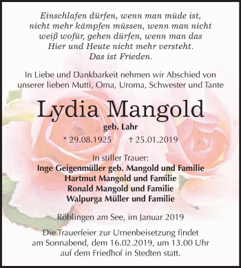 Traueranzeige von Lydia Mangold von Super Sonntag SGH Mansf. Land