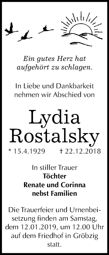 Traueranzeige von Lydia Rostalsky von Mitteldeutsche Zeitung Köthen