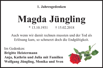 Traueranzeige von Magda Jüngling von Mitteldeutsche Zeitung Bitterfeld