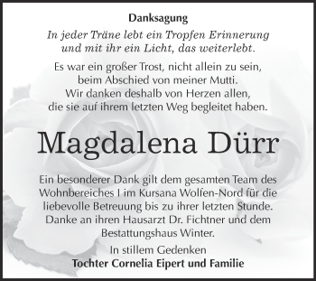 Traueranzeige von Magdalena Dürr von WVG - Wochenspiegel Bitterfeld
