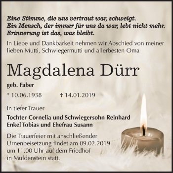 Traueranzeige von Magdalena Dürr von Mitteldeutsche Zeitung Bitterfeld