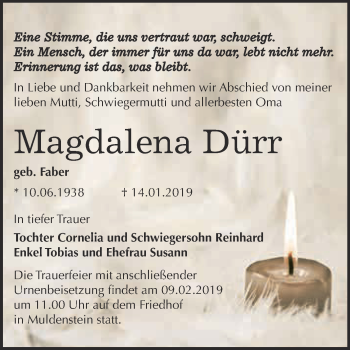 Traueranzeige von Magdalena Dürr von WVG - Wochenspiegel Bitterfeld