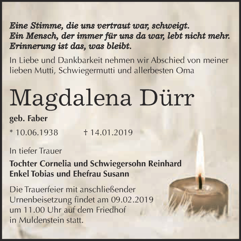  Traueranzeige für Magdalena Dürr vom 28.01.2019 aus WVG - Wochenspiegel Bitterfeld