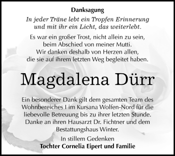 Traueranzeige von Magdalena Dürr von Mitteldeutsche Zeitung Bitterfeld