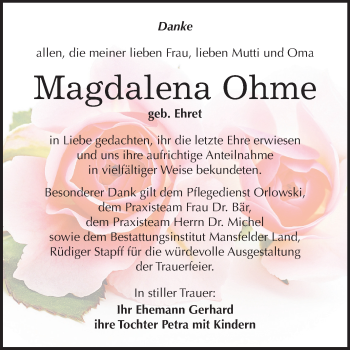 Traueranzeige von Magdalena Ohme von Mitteldeutsche Zeitung Mansfelder Land