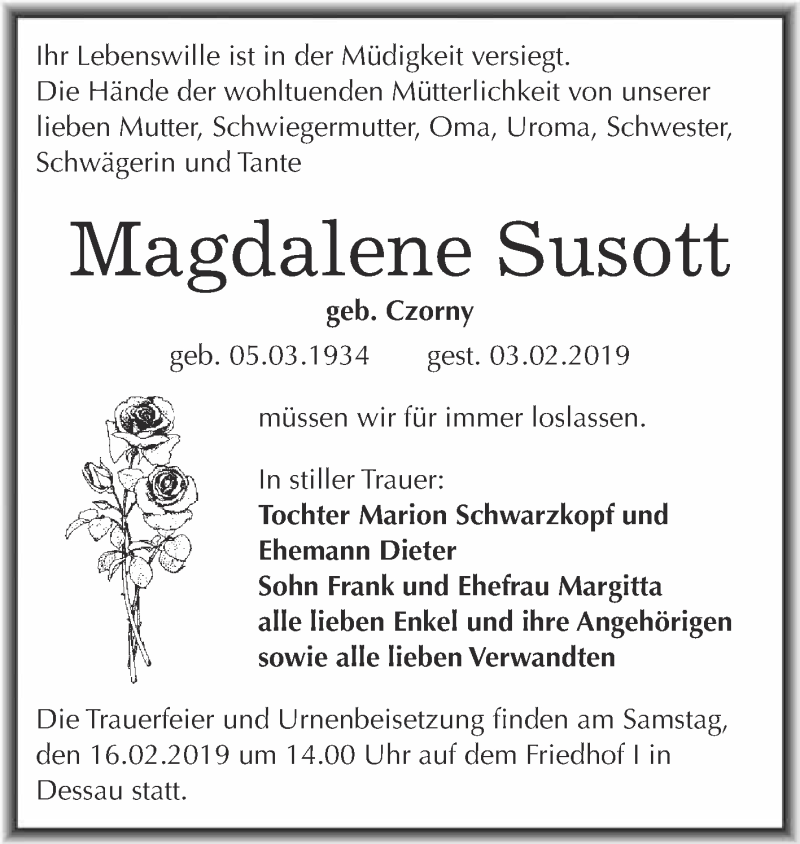 Traueranzeige für Magdalene Susott vom 04.02.2019 aus WVG - Wochenspiegel Dessau / Köthen