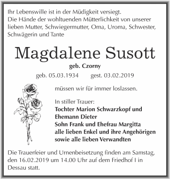 Traueranzeige von Magdalene Susott von WVG - Wochenspiegel Dessau / Köthen