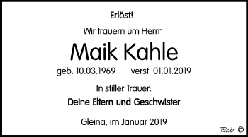 Traueranzeige von Maik Kahle von Mitteldeutsche Zeitung Zeitz