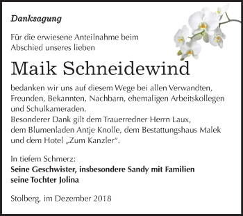 Traueranzeige von Maik Schneidewind von Mitteldeutsche Zeitung Sangerhausen