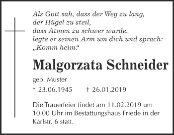 Traueranzeige von Malgorzata Schneider von WVG - Wochenspiegel Dessau / Köthen