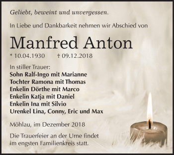 Traueranzeige von Manfred Anton von Mitteldeutsche Zeitung Wittenberg