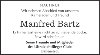 Traueranzeige von Manfred Bartz von Super Sonntag Aschersleben