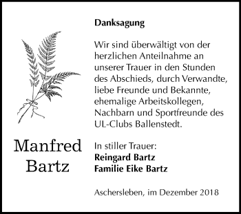 Traueranzeige von Manfred Bartz von Mitteldeutsche Zeitung Aschersleben
