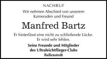 Traueranzeige von Manfred Bartz von Mitteldeutsche Zeitung Quedlinburg